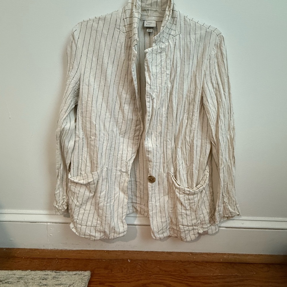 Lightweight Striped Linen Blazer - Cream with Thin Navy Stripes